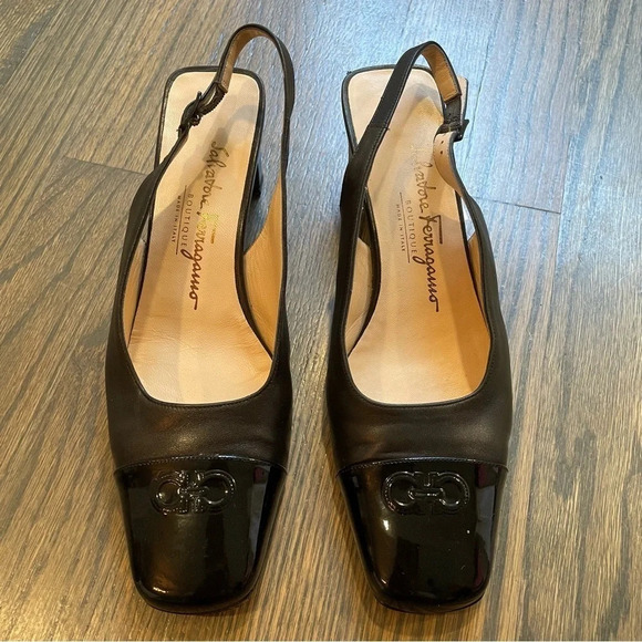 FERRAGAMO Gancini square-toe slingback black Leather pumps 7.5 C - Picture 2 of 14